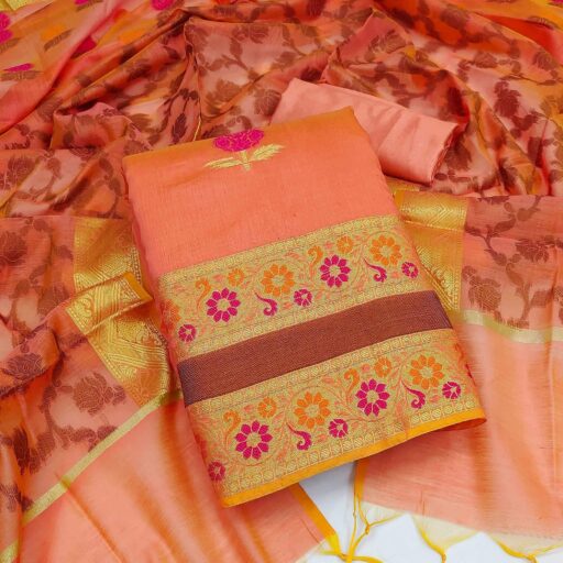 Peach Woven Banarasi Jacqaurd Dress Material