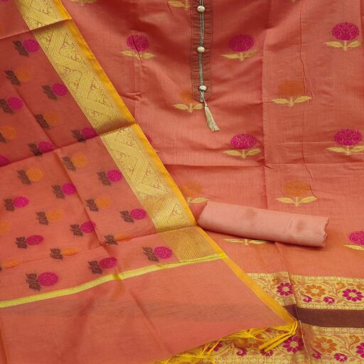 Peach Woven Banarasi Jacqaurd Dress Material - Image 2