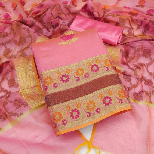 Pink Woven Banarasi Jacqaurd Dress Material
