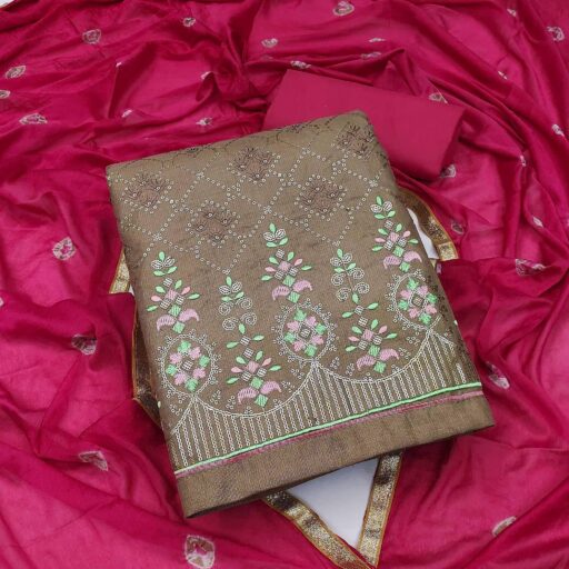 Brown Sequence Embroidered Cotton Dress Material