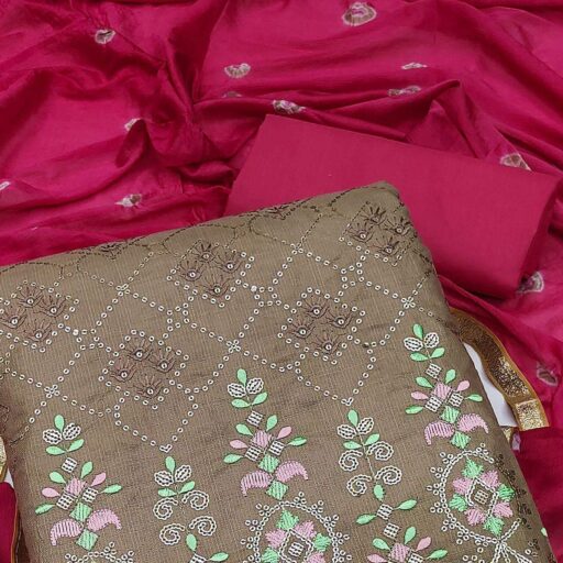 Brown Sequence Embroidered Cotton Dress Material - Image 2