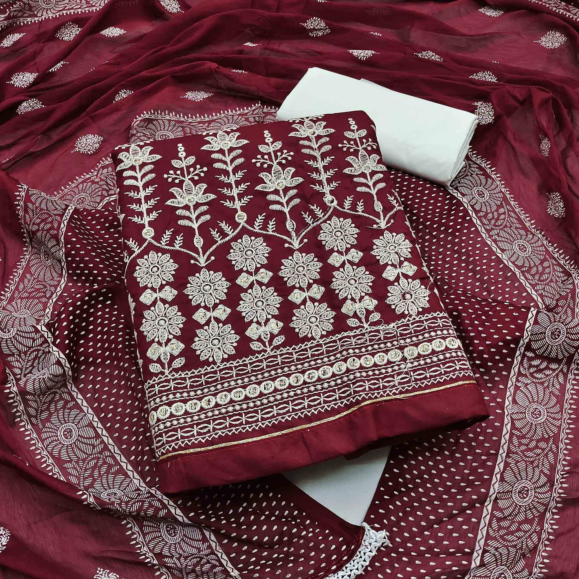 Maroon Floral Embroidered Pure Cotton Dress Material