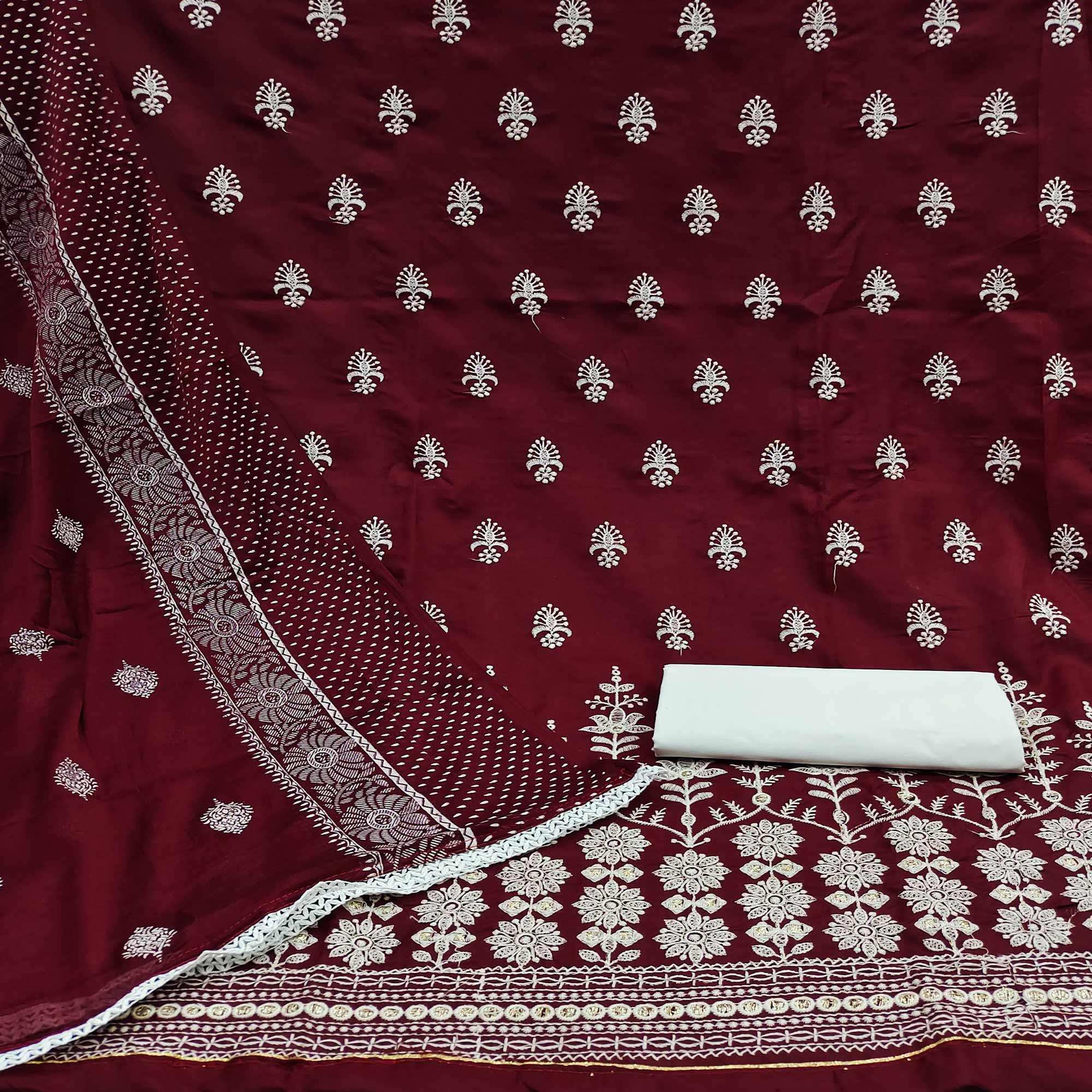 Maroon Floral Embroidered Pure Cotton Dress Material - Image 2
