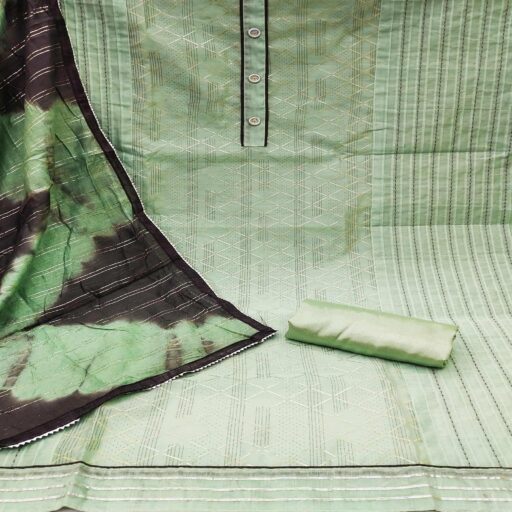Green Checks Printed Chanderi Dress Material - Image 2