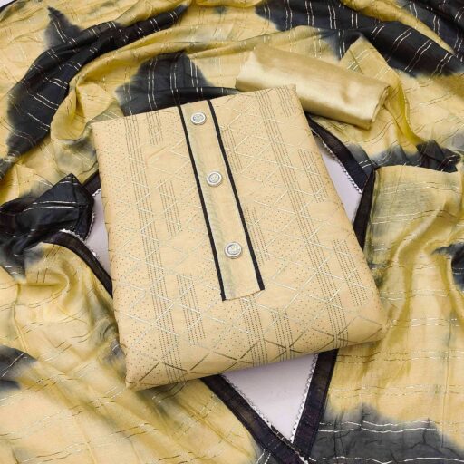 Yellow Checks Printed Chanderi Dress Material