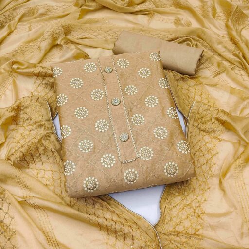 Brown Floral Embroidered With Gota Patti Chanderi Dress Material