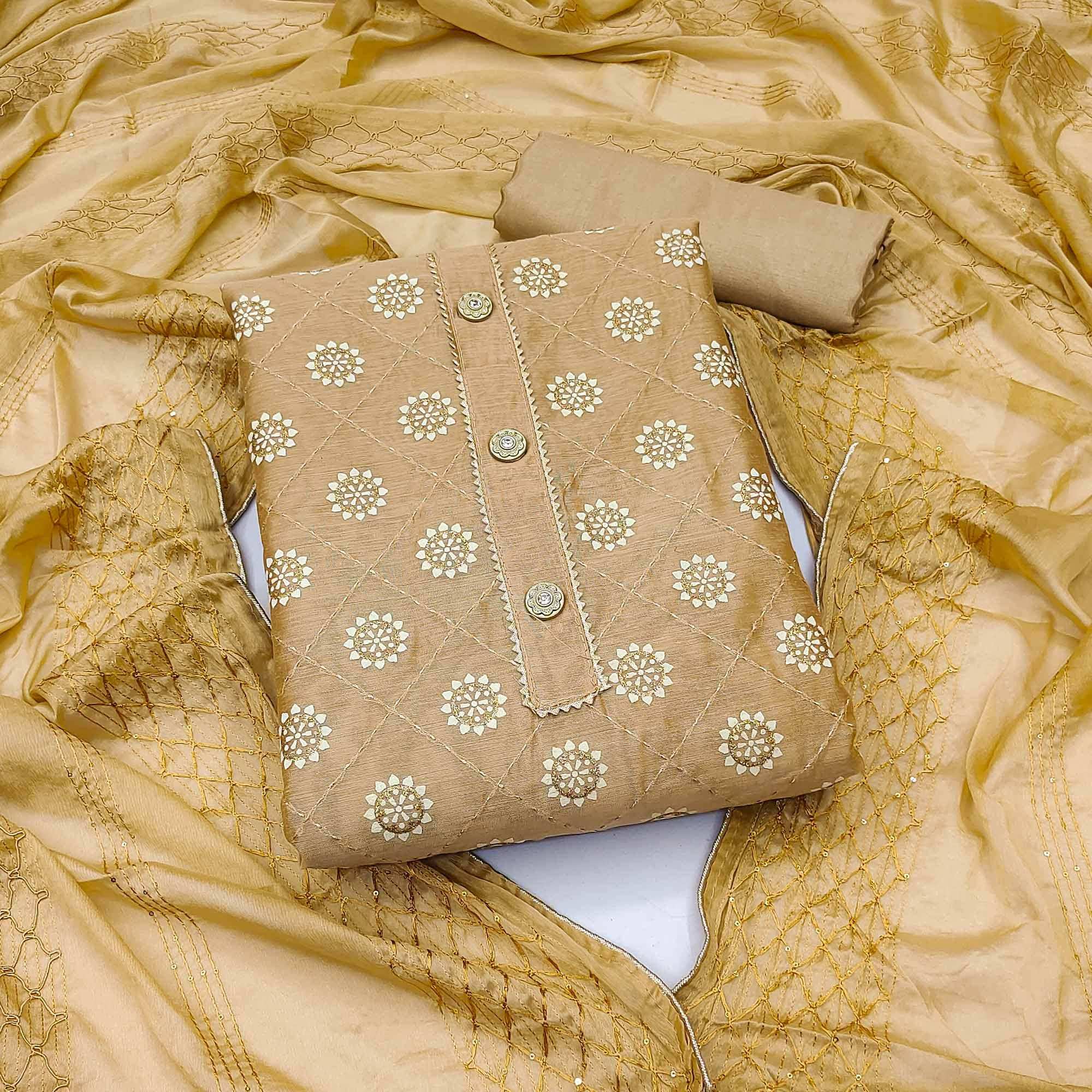 Brown Floral Embroidered With Gota Patti Chanderi Dress Material
