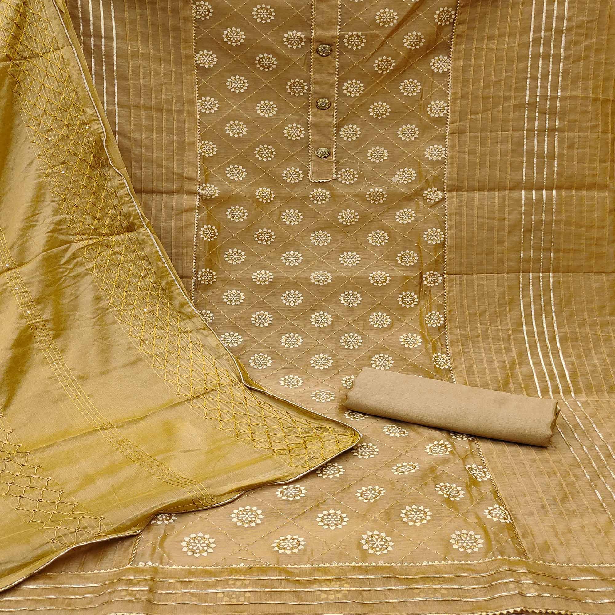 Brown Floral Embroidered With Gota Patti Chanderi Dress Material - Image 2