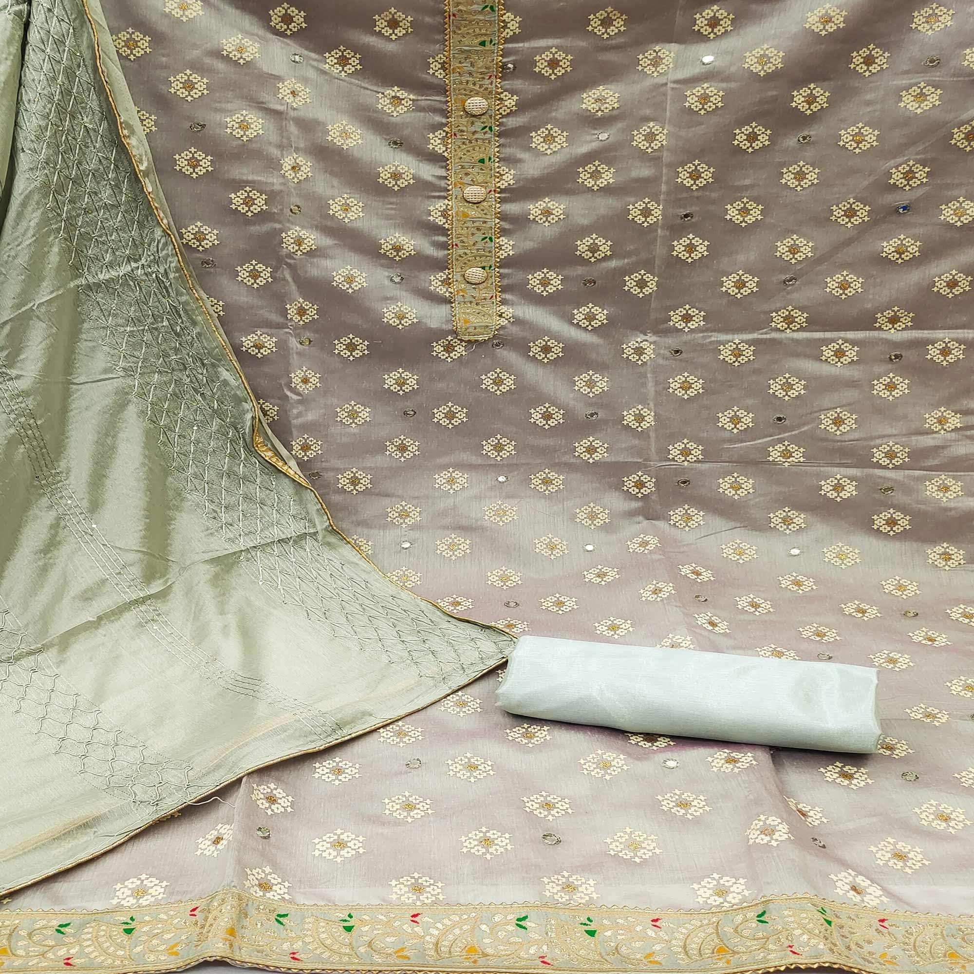 Grey Embroidered With Mirror Work Chanderi Dress Material - Image 2