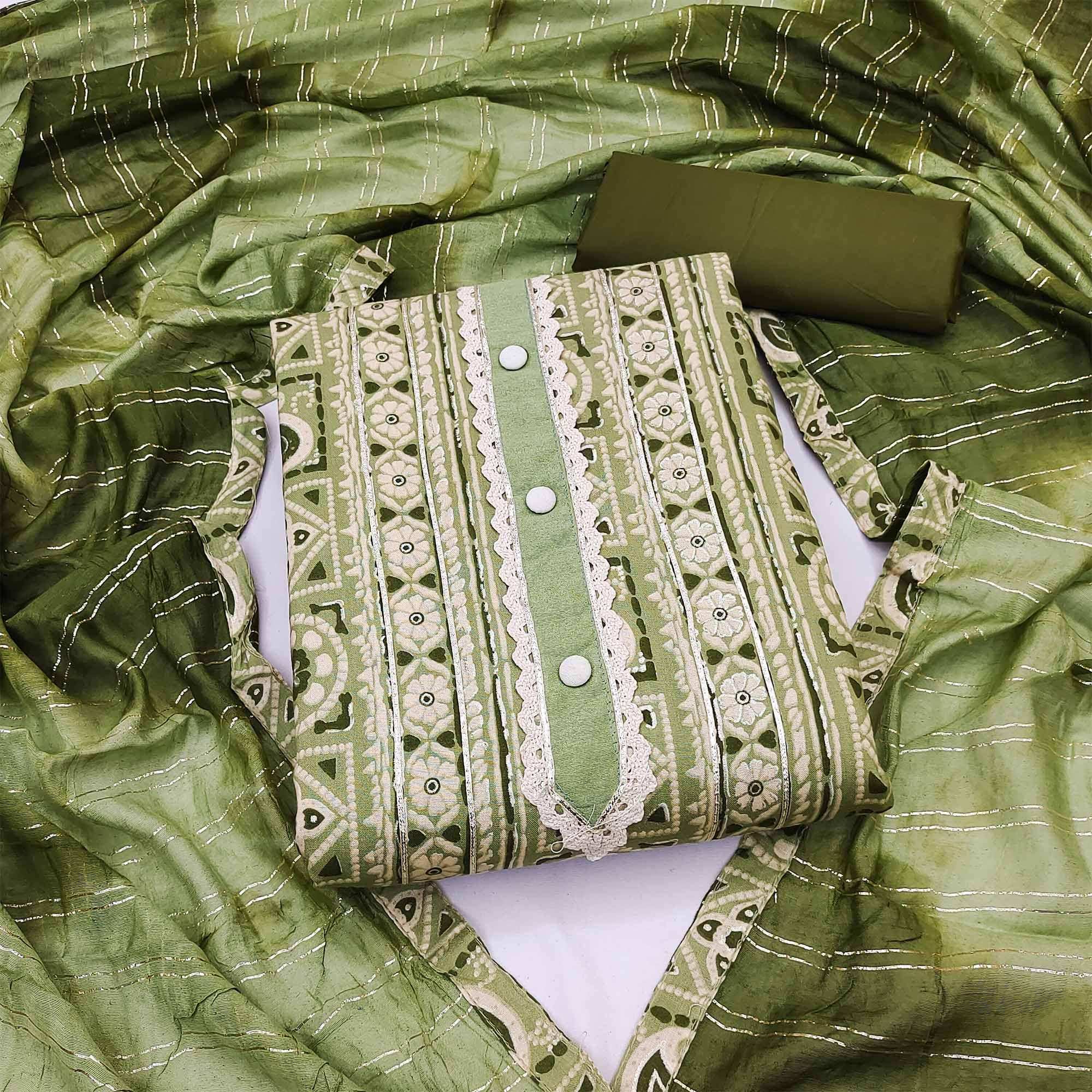 Green Floral Printed Pure Cotton Dress Material