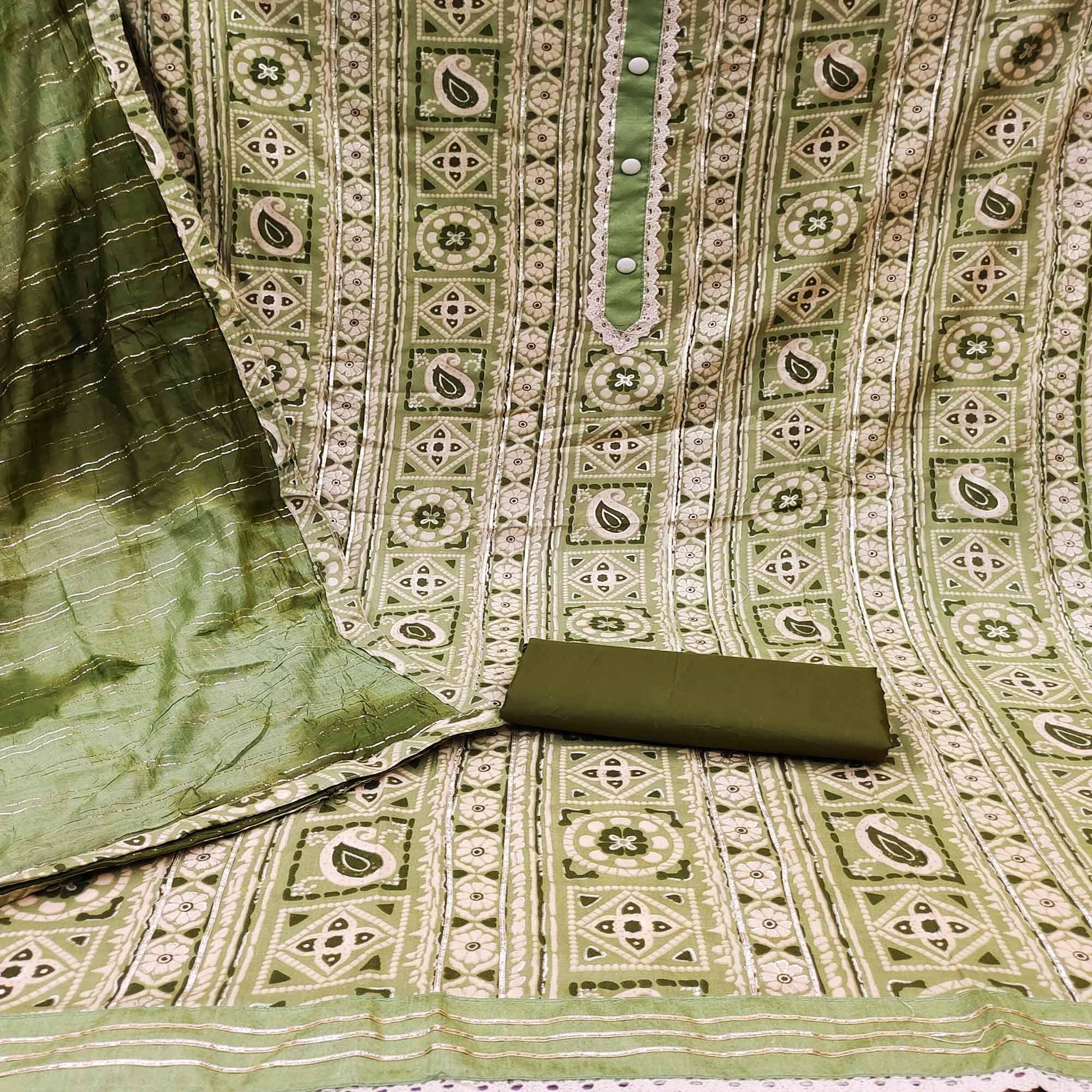 Green Floral Printed Pure Cotton Dress Material - Image 2