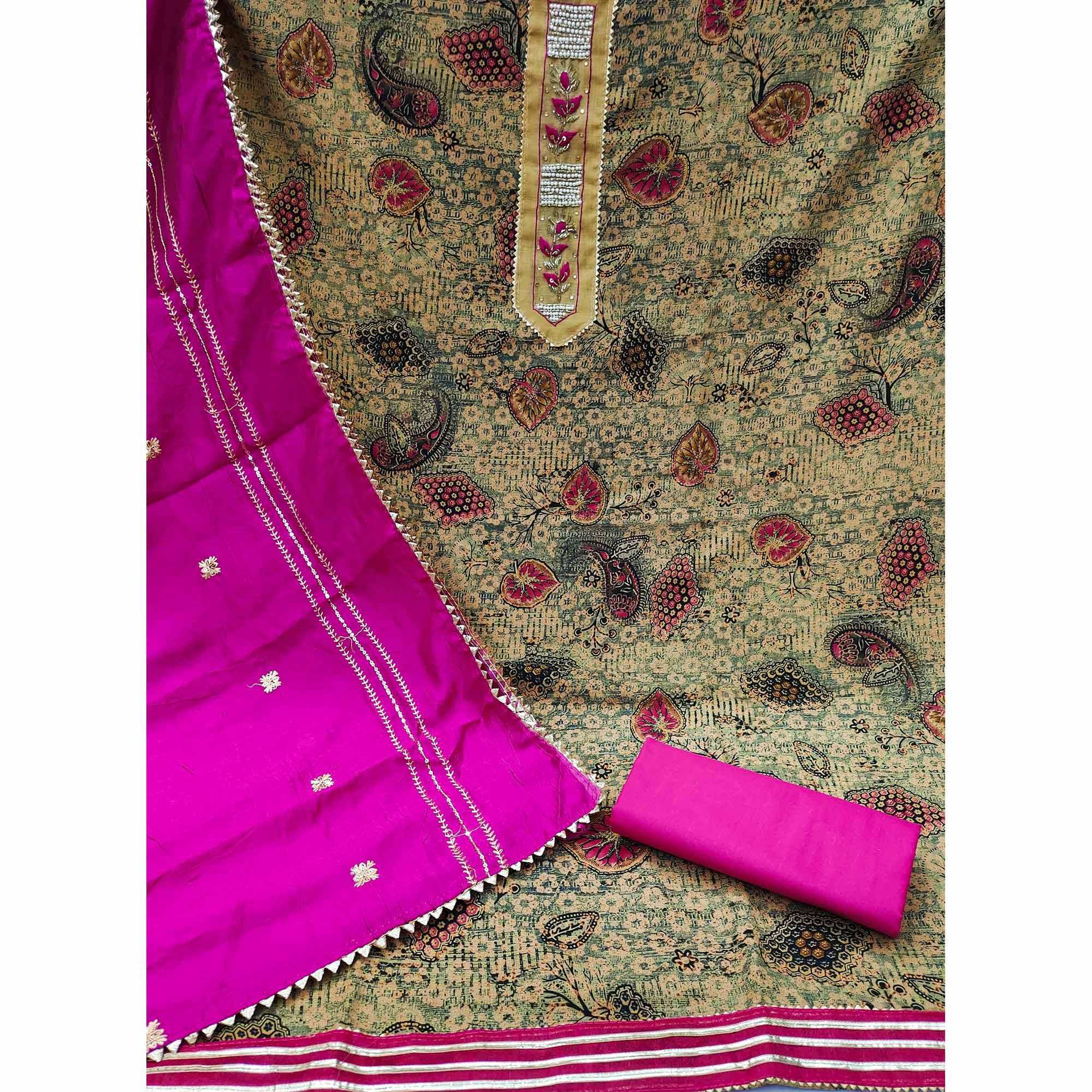 Cream Printed With Embellished Pure Cotton Dress Material - Image 2