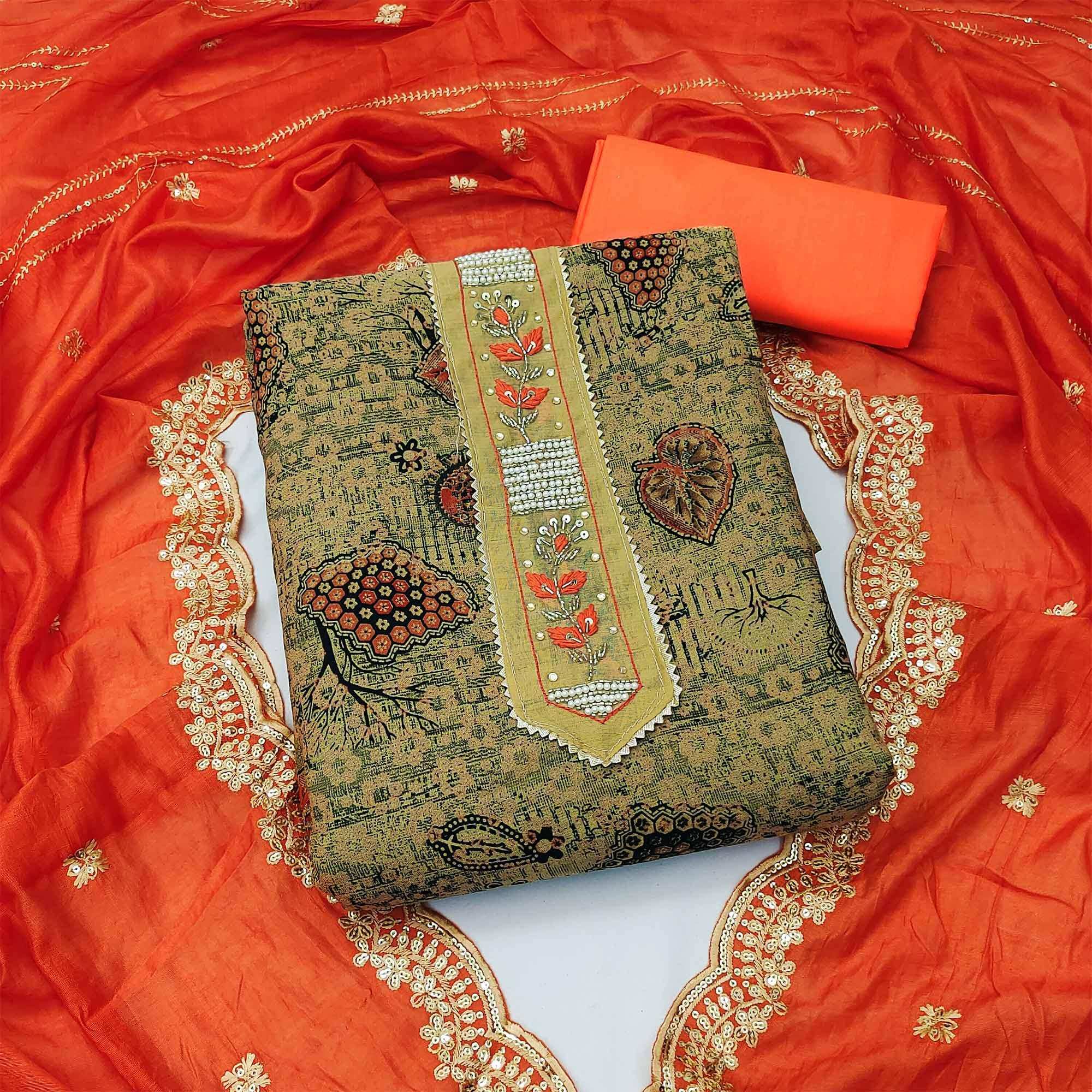 Cream Printed With Embellished Pure Cotton Dress Material