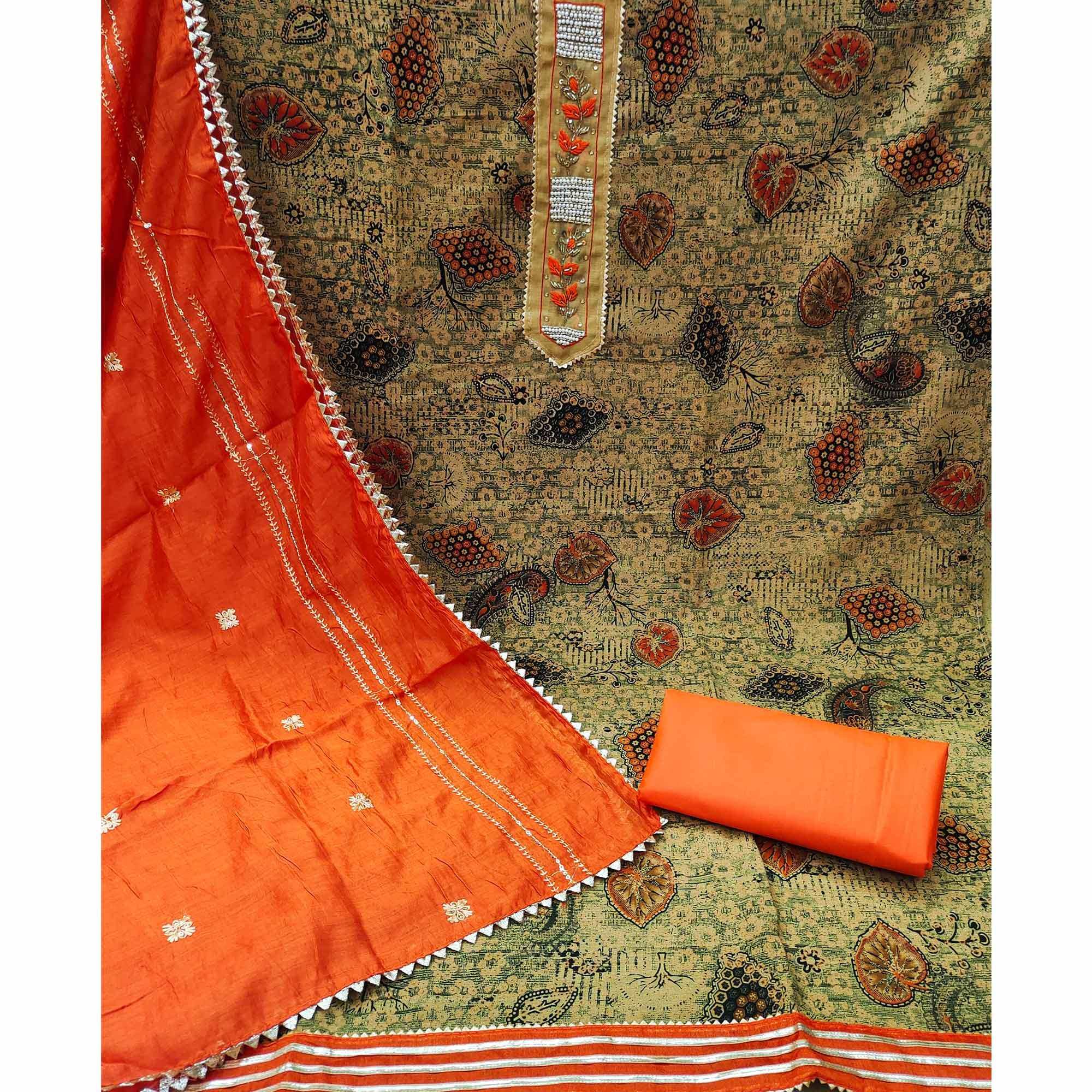 Cream Printed With Embellished Pure Cotton Dress Material - Image 2