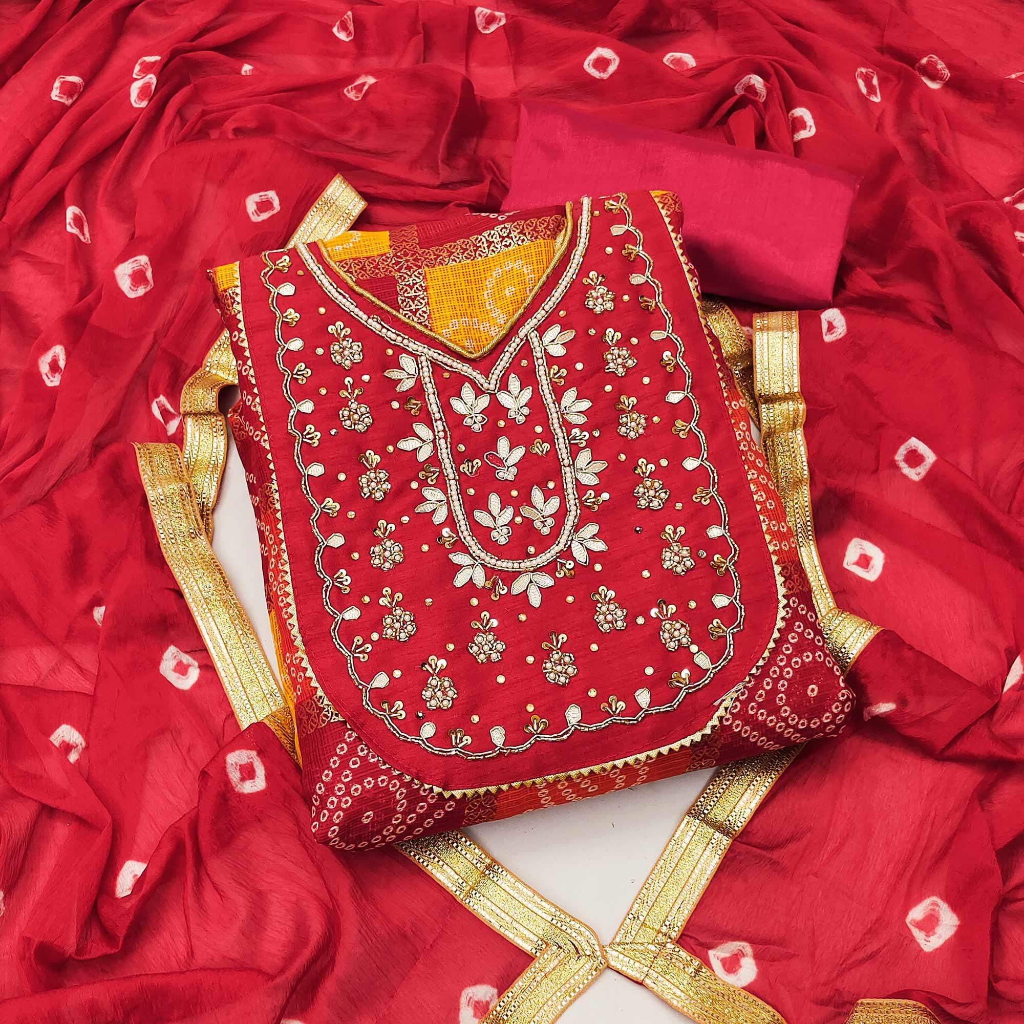 Red Bandhani Printed With Embellished Khaadi Dress Material