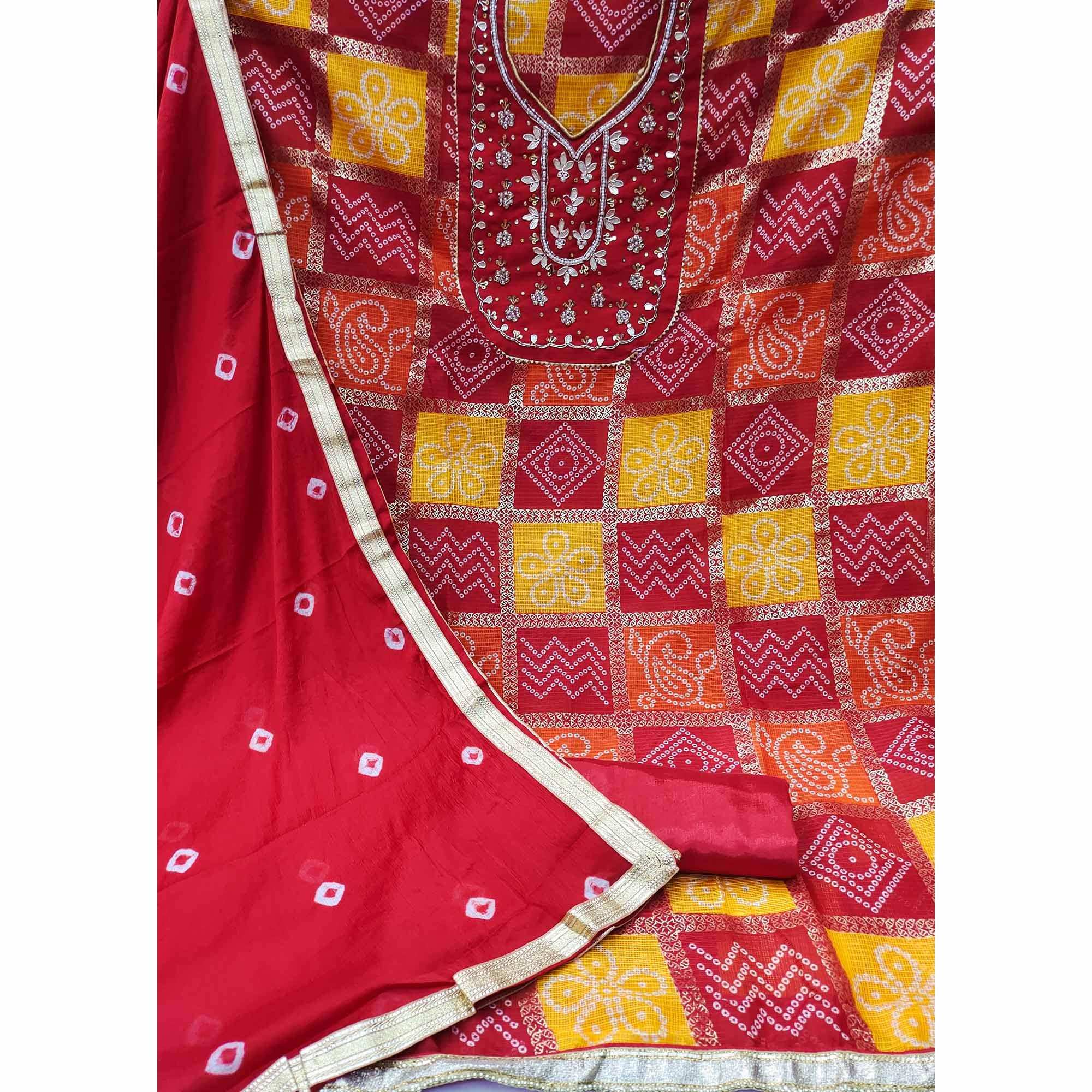 Red Bandhani Printed With Embellished Khaadi Dress Material - Image 2
