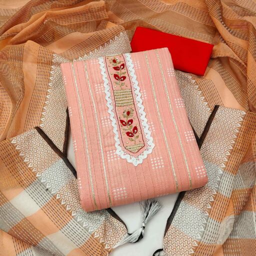 Peach Bandhani Printed With Embellished Cotton Blend Dress Material