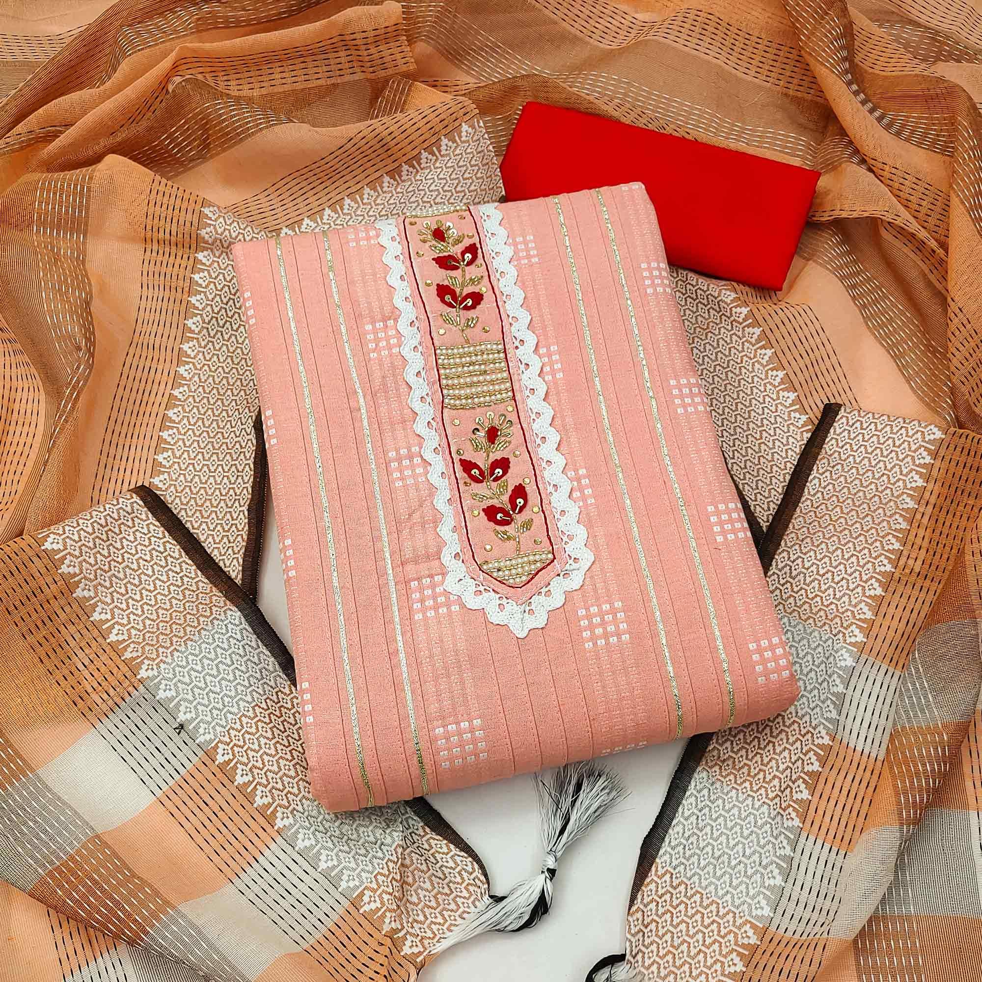 Peach Bandhani Printed With Embellished Cotton Blend Dress Material