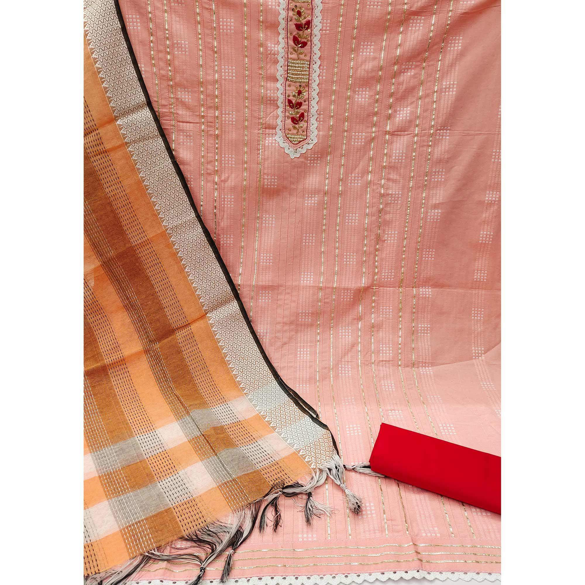 Peach Bandhani Printed With Embellished Cotton Blend Dress Material - Image 2