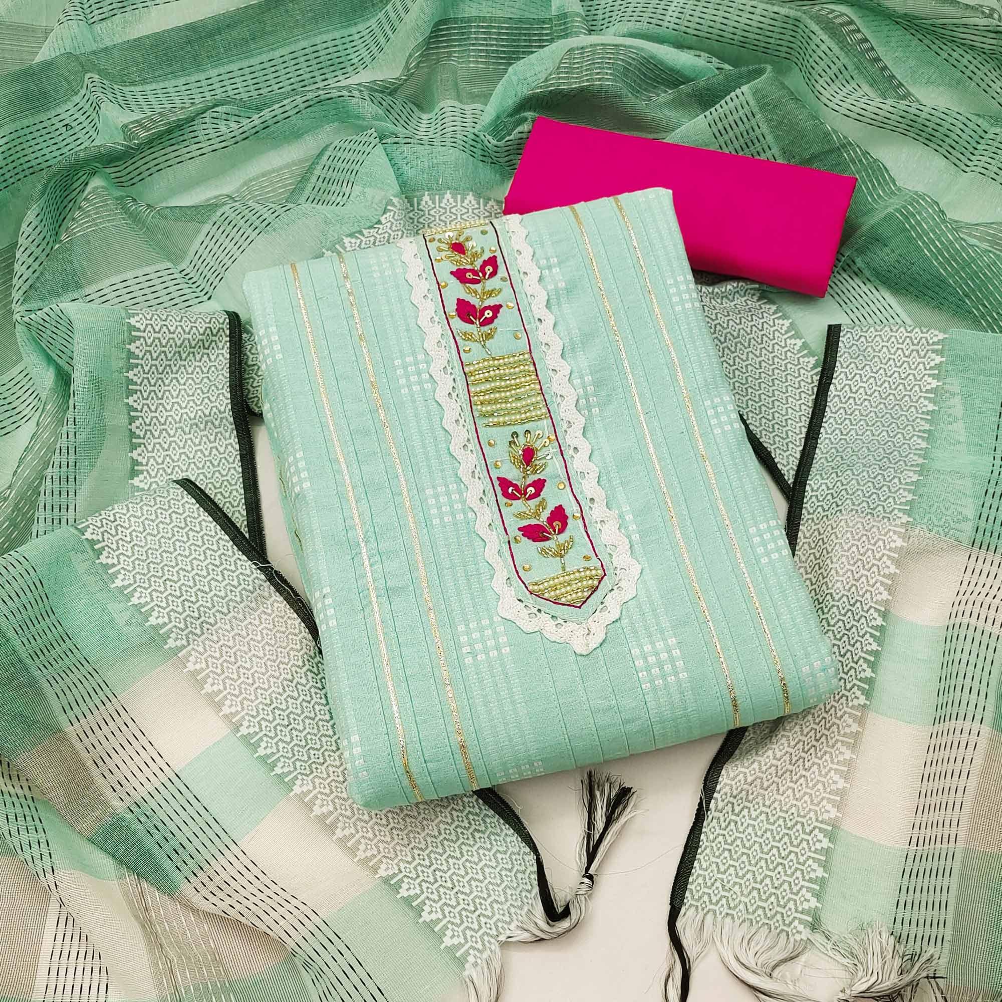 Sea Green Bandhani Printed With Embellished Cotton Blend Dress Material
