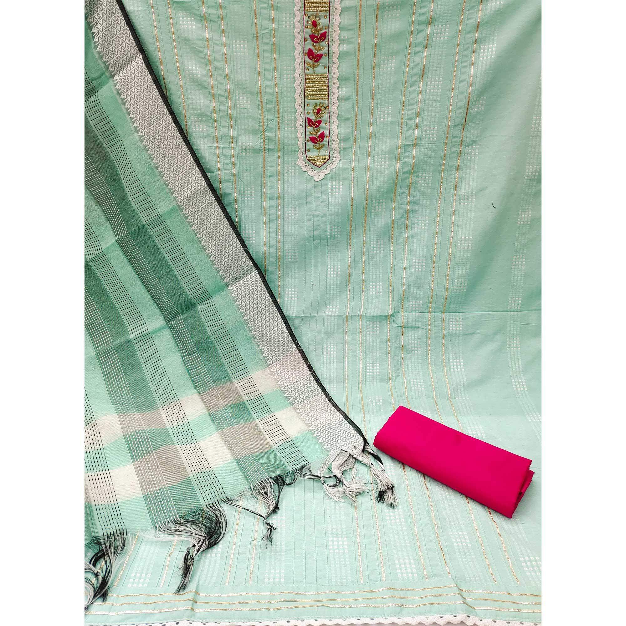 Sea Green Bandhani Printed With Embellished Cotton Blend Dress Material - Image 2