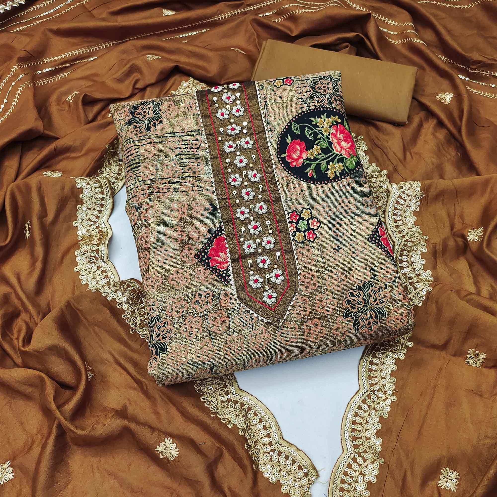 Brown Floral Printed With Embellished Pure Cotton Dress Material