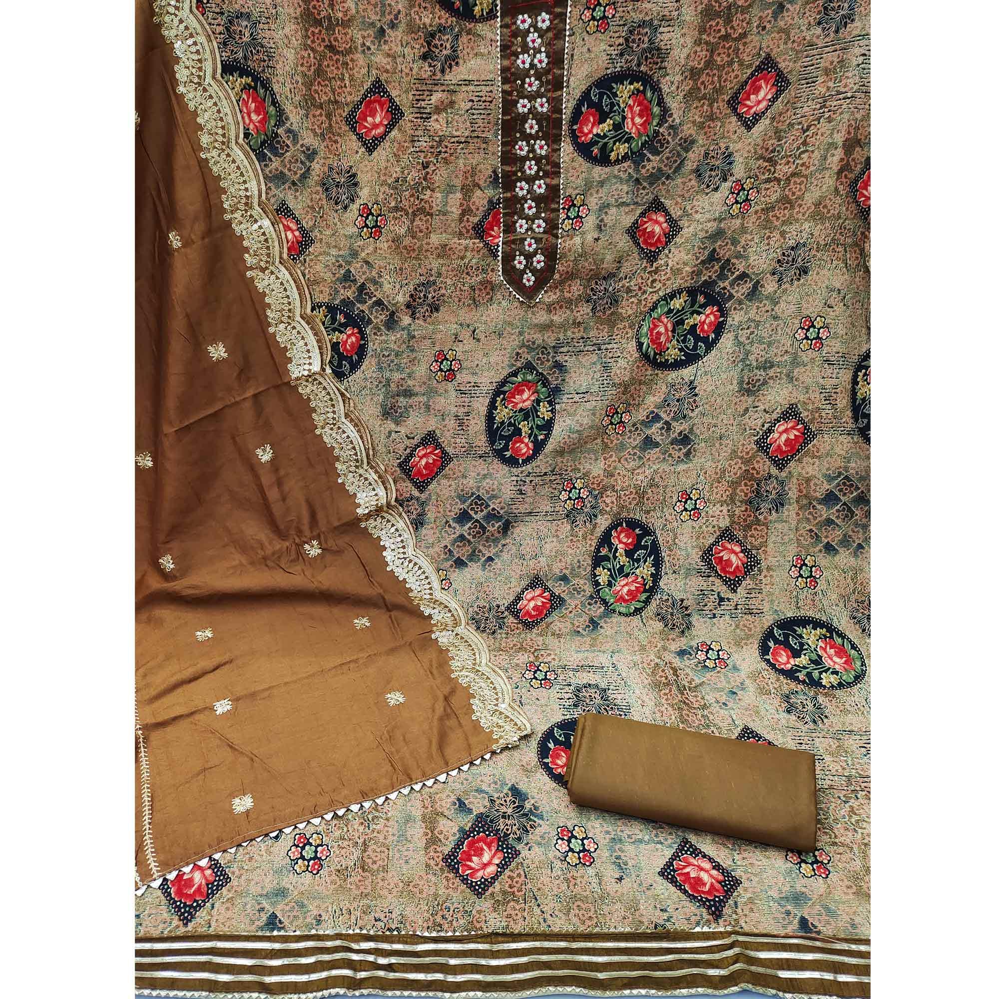 Brown Floral Printed With Embellished Pure Cotton Dress Material - Image 2