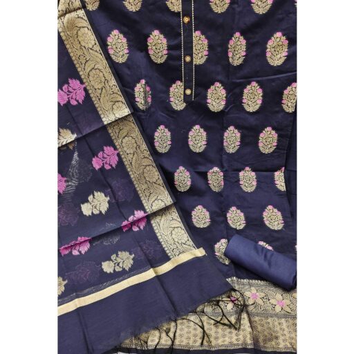 Navy Blue Woven Jacquard Dress Material - Image 2