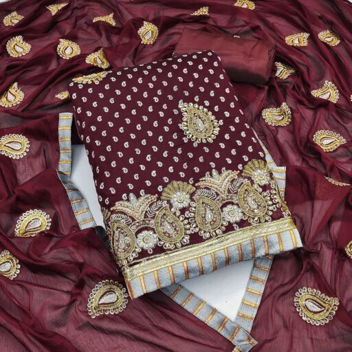 Maroon Embroidered With Embellished Chanderi Dress Material