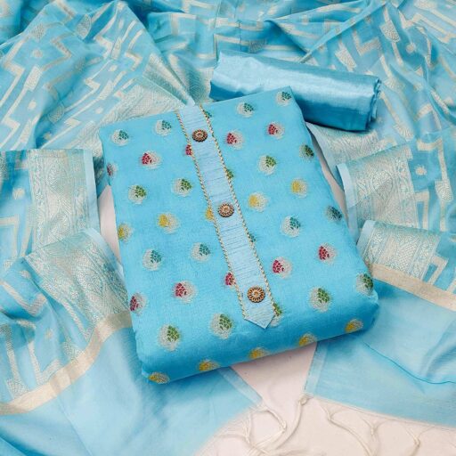 Blue Embroidered With Woven Banarasi Silk Dress Material