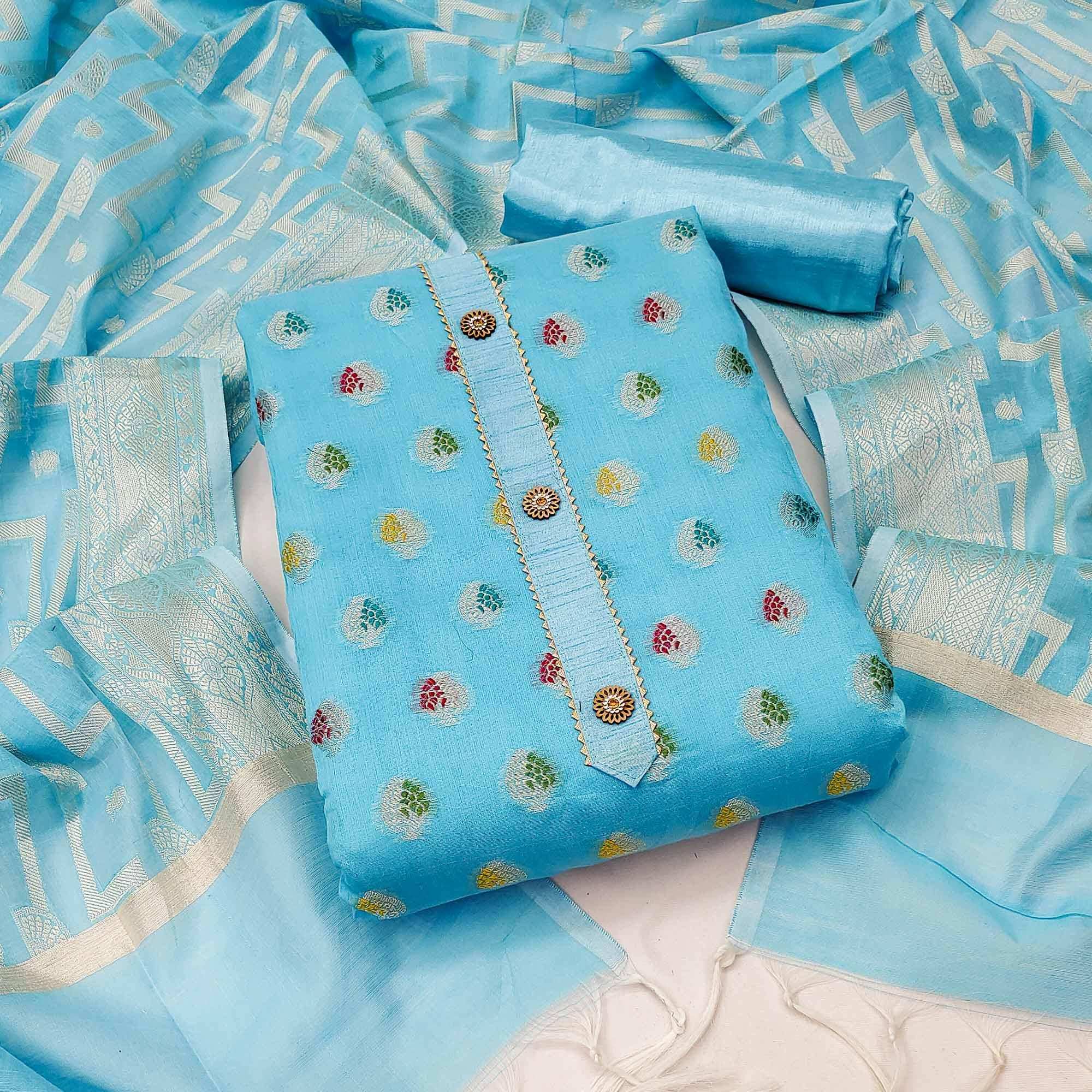 Blue Embroidered With Woven Banarasi Silk Dress Material