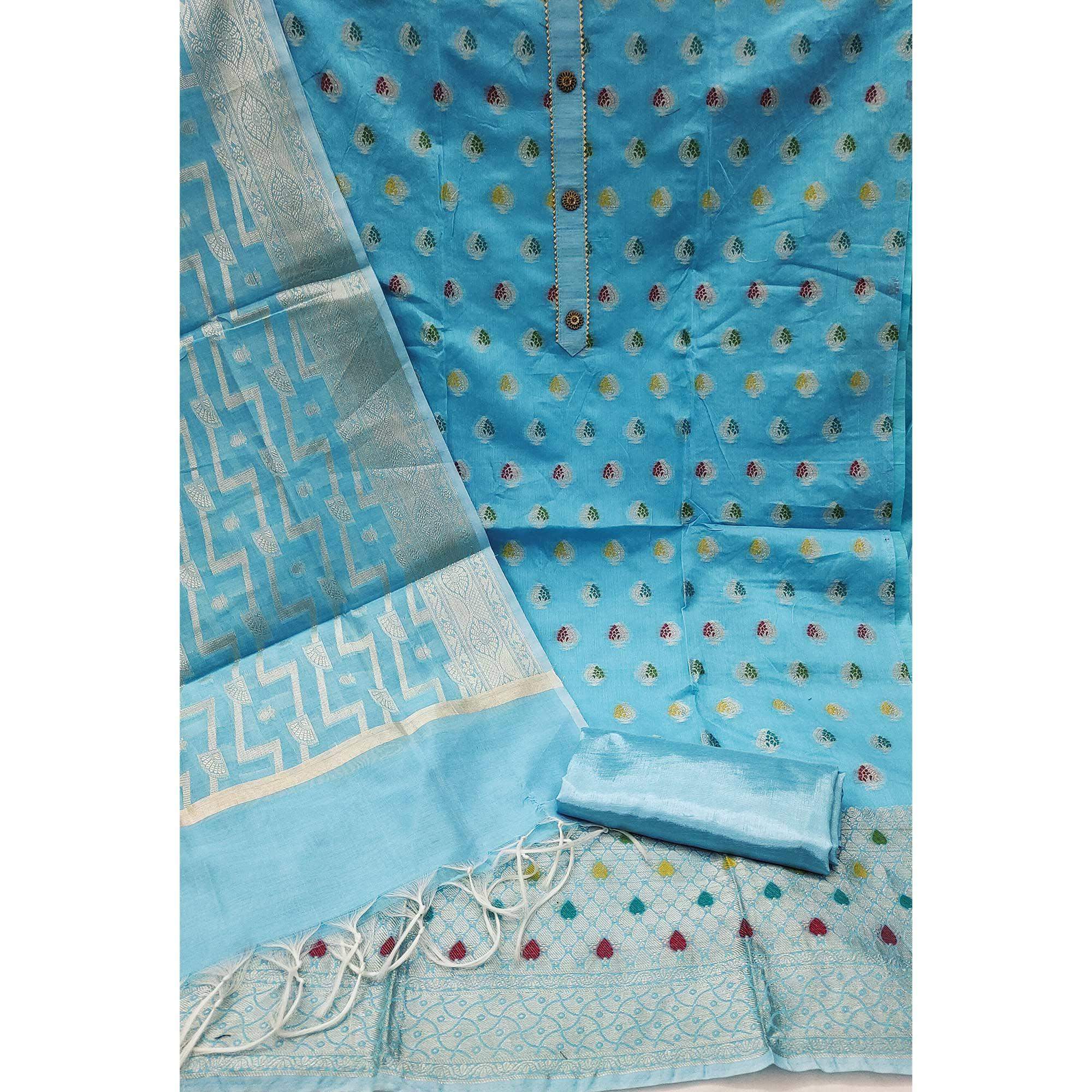 Blue Embroidered With Woven Banarasi Silk Dress Material - Image 2