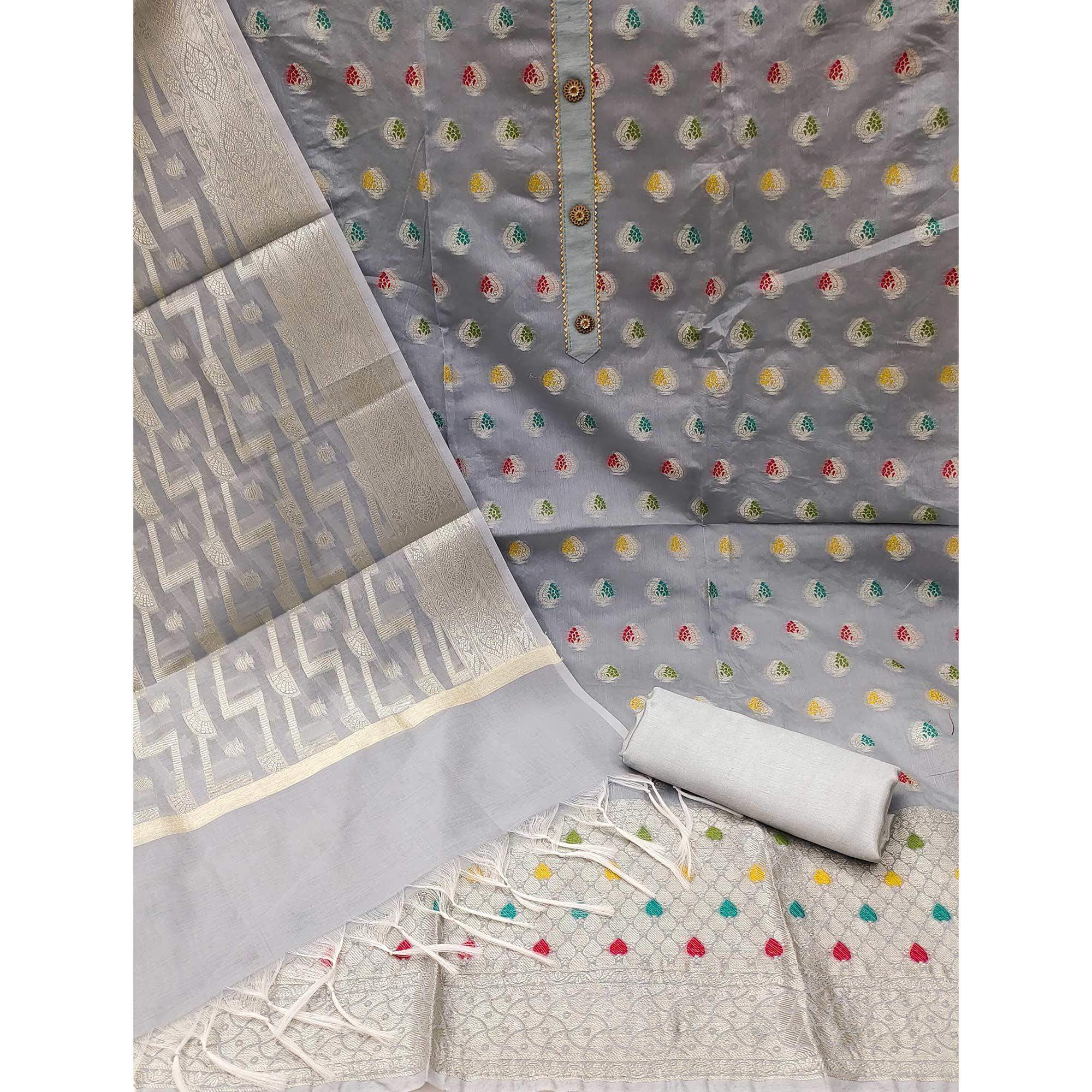 Grey Embroidered With Woven Banarasi Silk Dress Material - Image 2
