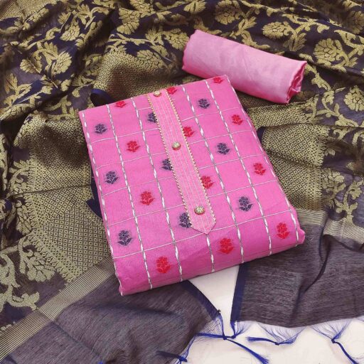 Baby Pink Woven Banarasi Silk Dress Material