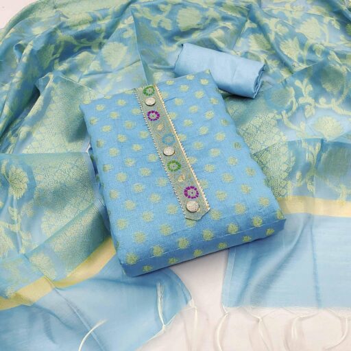 Blue Woven Banarasi Silk Dress Material