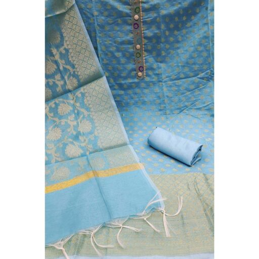 Blue Woven Banarasi Silk Dress Material - Image 2