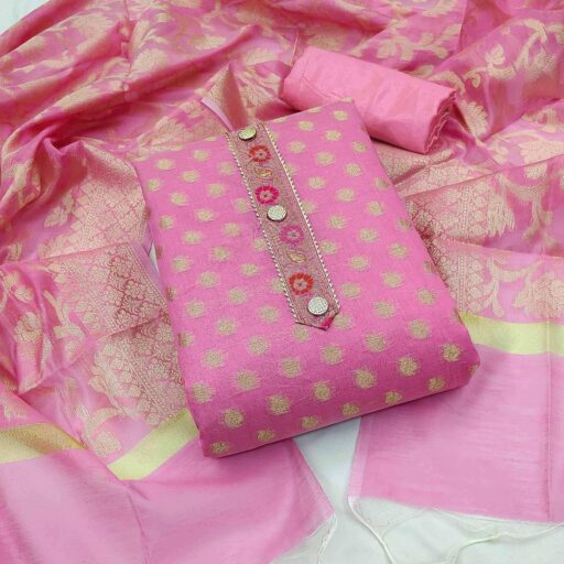 Baby Pink Woven Banarasi Silk Dress Material