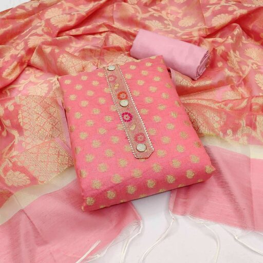 Pink Woven Banarasi Silk Dress Material