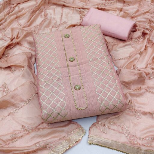 Pink Gota Work Chanderi Dress Material