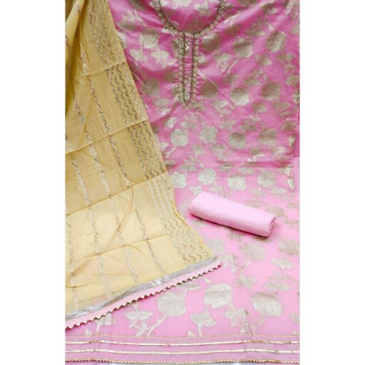 Pink Woven Banarasi Silk Dress Material - Image 3