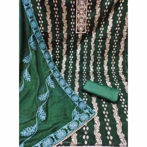 Green Woven Banarasi Silk Dress Material - Image 3