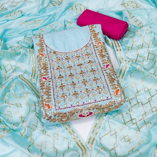 Sky Blue Embroidered Cotton Blend Dress Material
