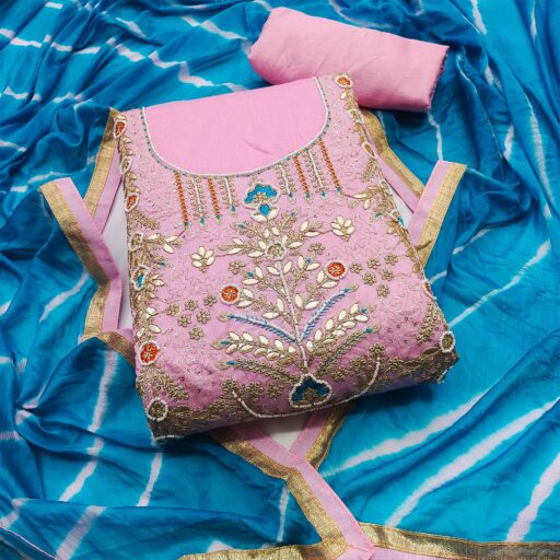 Pink Embroidered Chanderi Dress Material