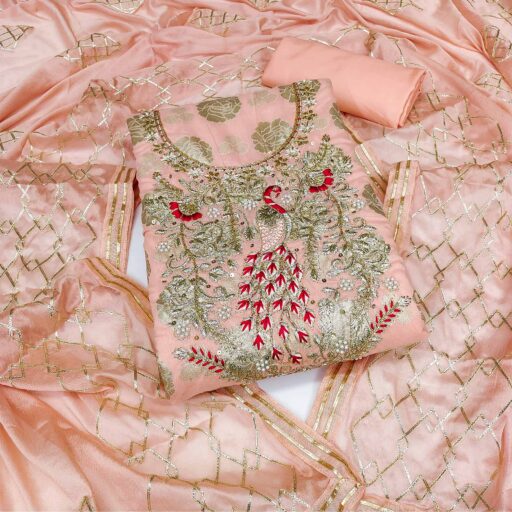 Peach Woven Banarasi Silk Dress Material