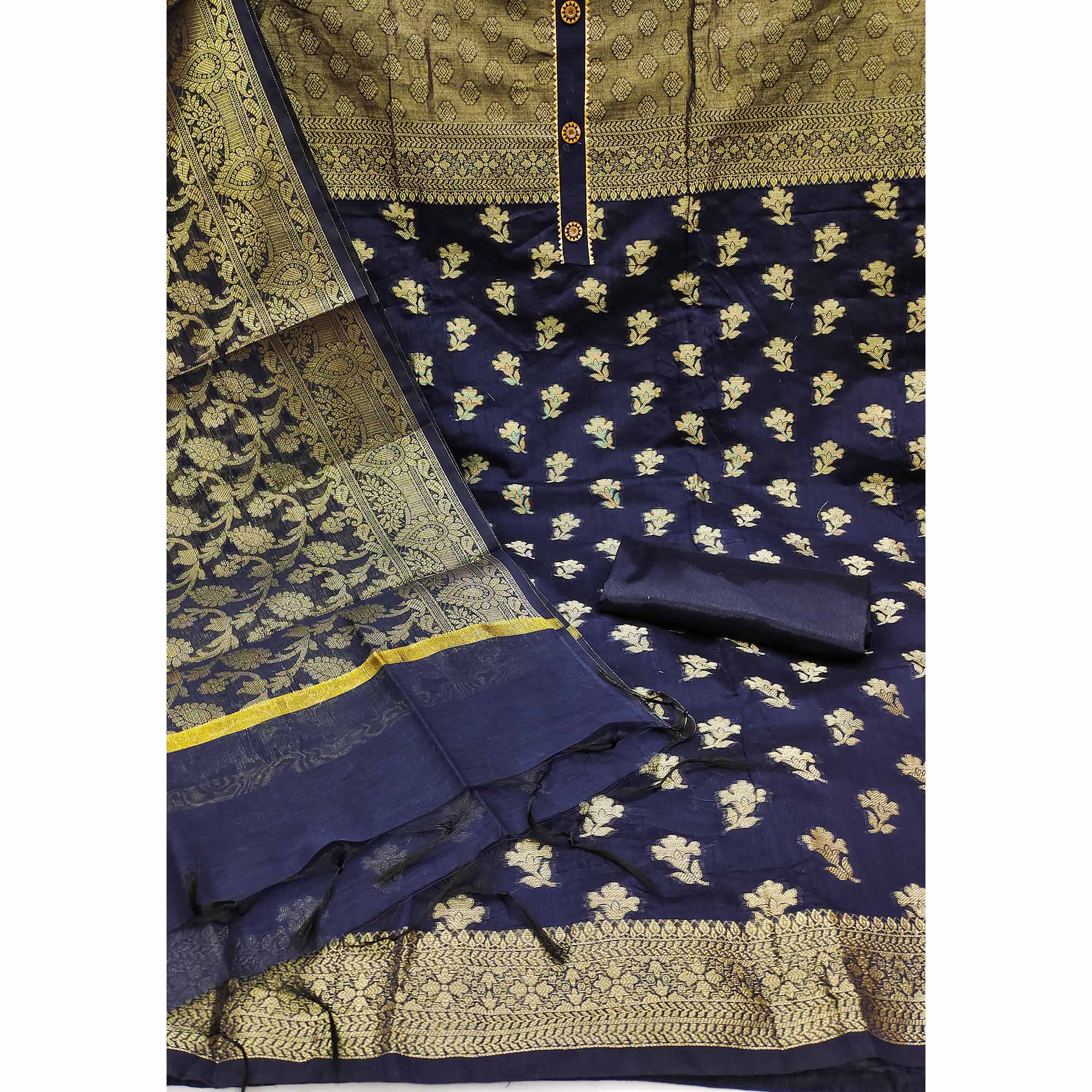 Navy Blue Floral Woven Banarasi Silk Dress Material - Image 3