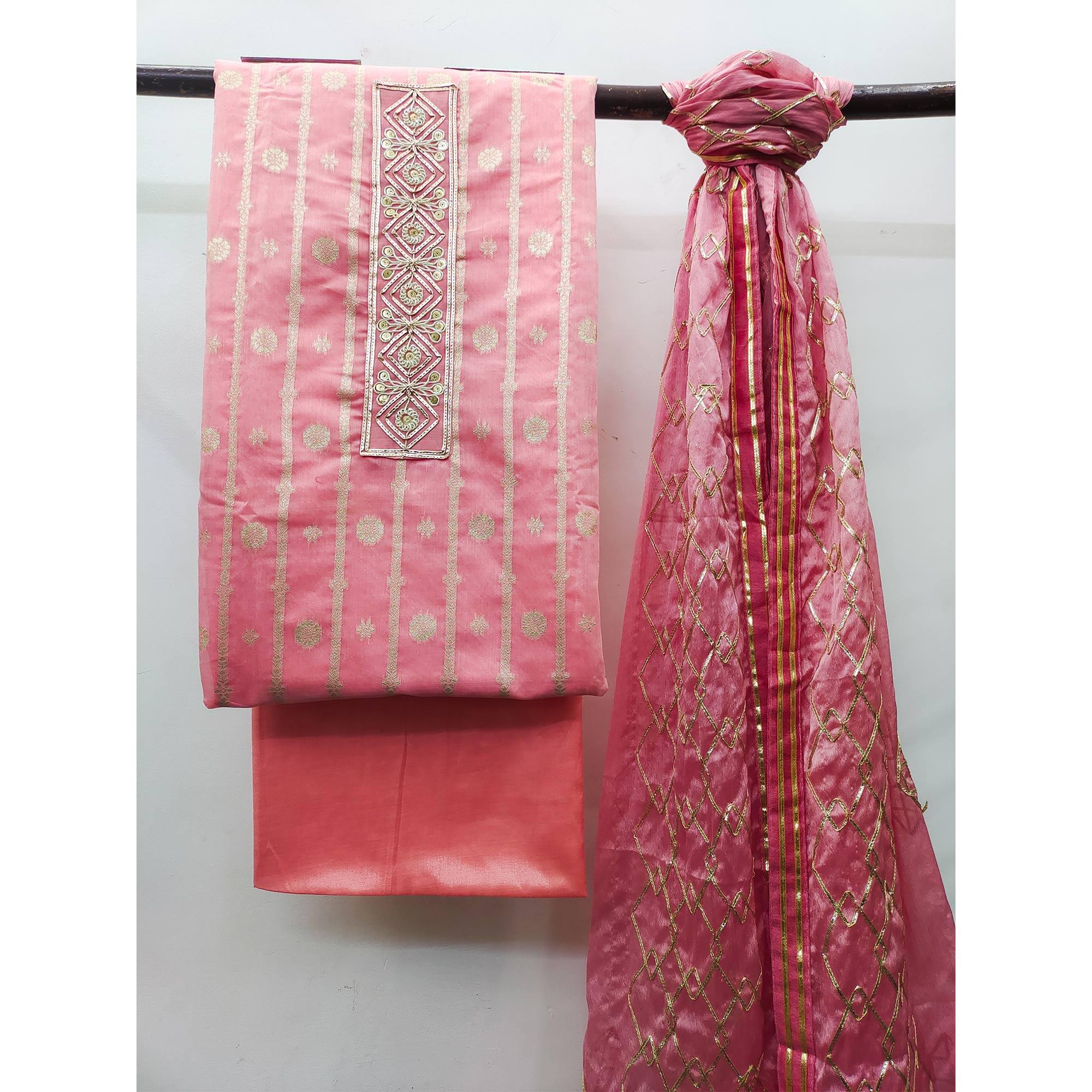 Pink Floral Woven Banarasi Silk Dress Material - Image 2