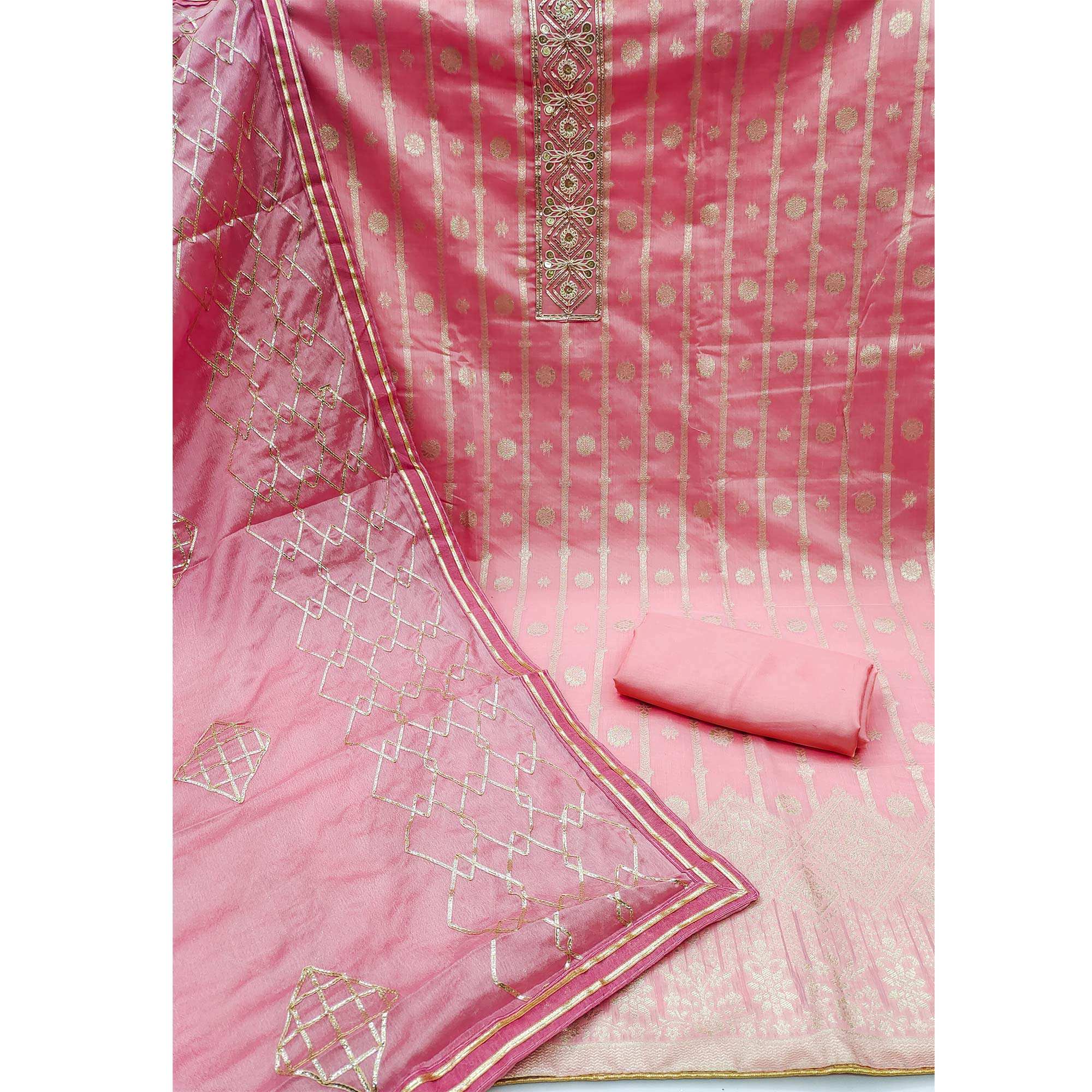 Pink Floral Woven Banarasi Silk Dress Material - Image 3