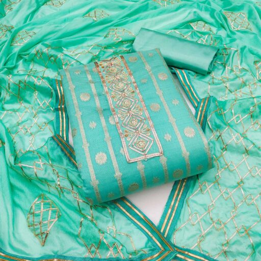 Turquoise Floral Woven Banarasi Silk Dress Material