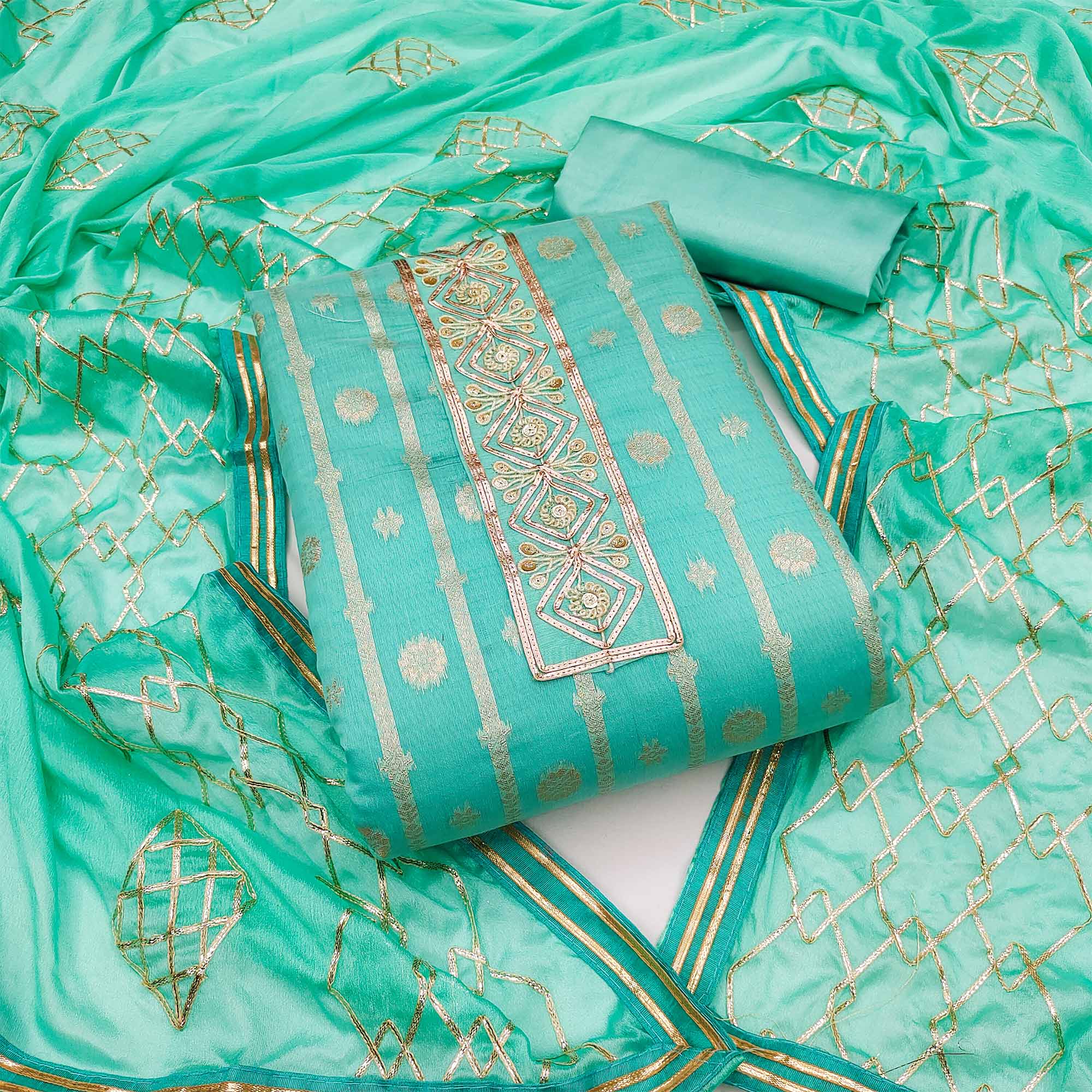 Turquoise Floral Woven Banarasi Silk Dress Material