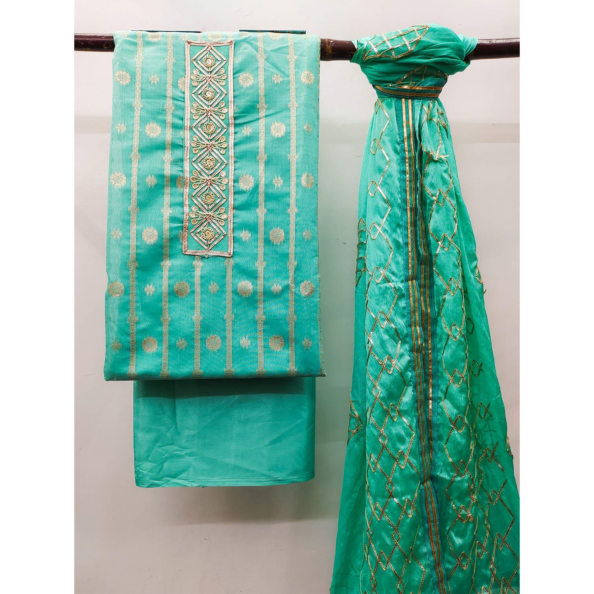 Turquoise Floral Woven Banarasi Silk Dress Material - Image 2